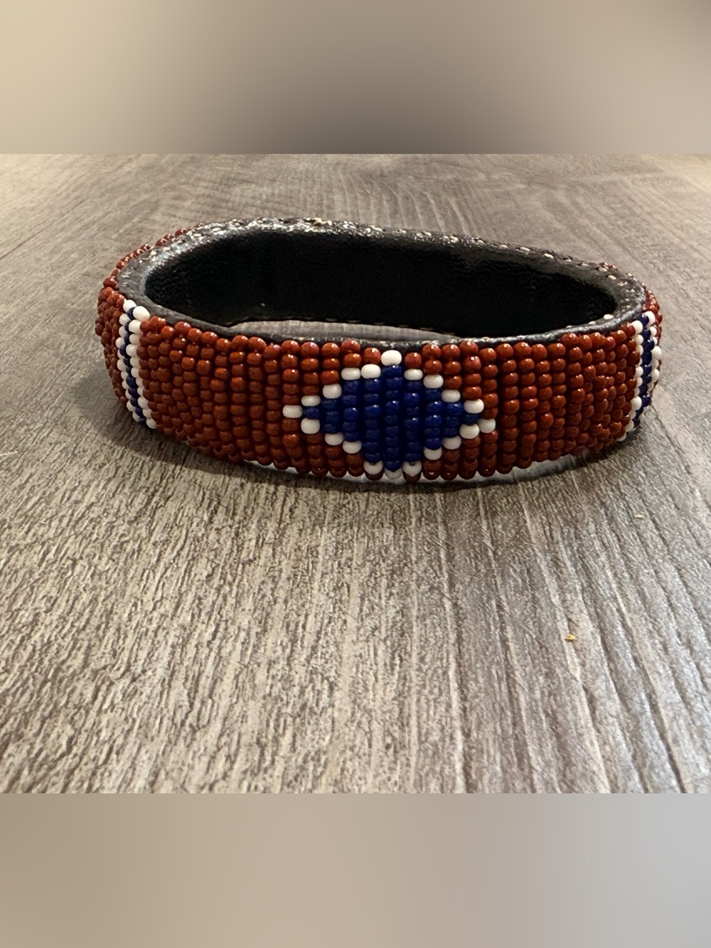 Handmade Beaded Leather Bracelet - Brown & Blue